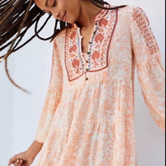 Anthropologie Pink Puff Sleeve Tunic with Mandarin Collar - Picture 2 of 6